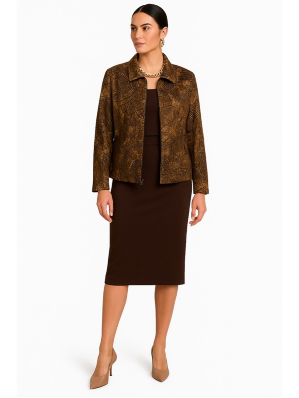 Vintage Joseph Ribkoff Brown Gold Geometric Velvet Jacket Made in Canada, Large